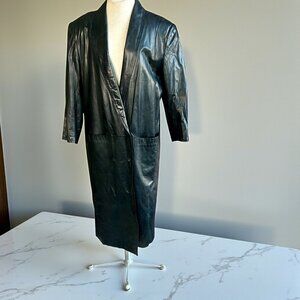 Pia Rucci Black Leather Coat Vintage Double Breasted Shawl Collar Maxi Size L